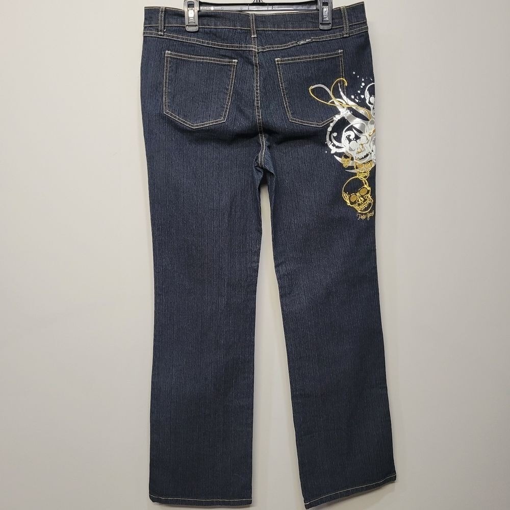 Vintage Y2K Paco Jeans Size 17 Dark Wash Gold Skull‎ Graphic Streetwear Unique